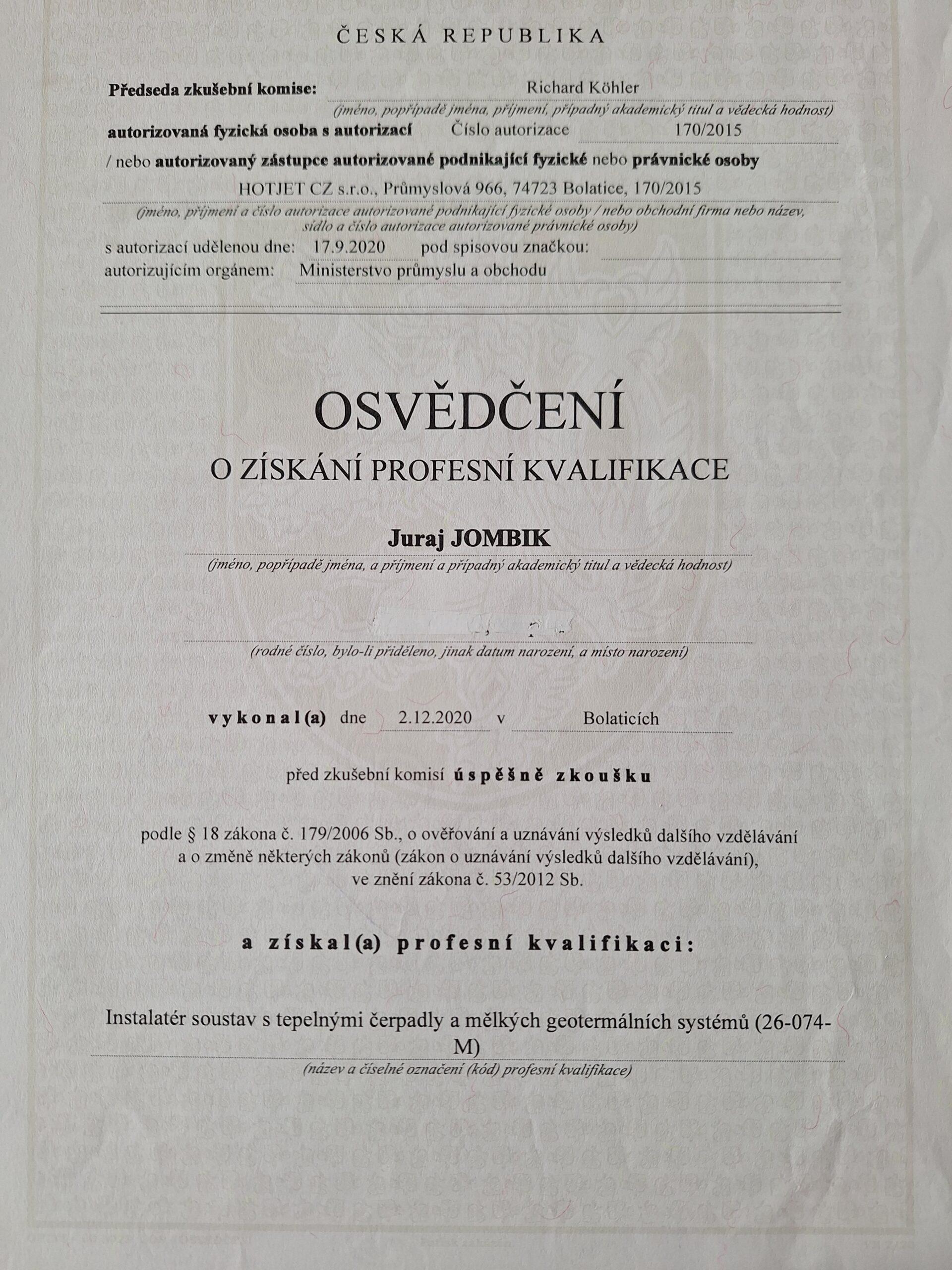 Osvedčenie o získaní profesnej kvalifikácie
